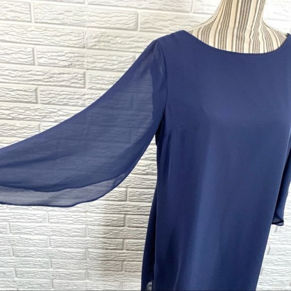 Jennifer Lopez Blue Low Back Dress Sheer Sleeves Size 10 - Picture 3 of 6